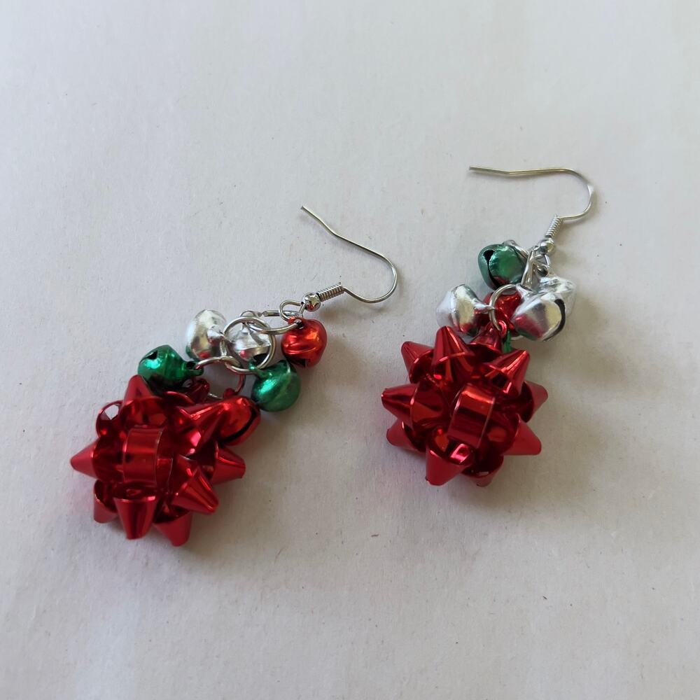 Holiday Bow Earrings Handmade Christmas Earring Set Jingle Bells Novelty